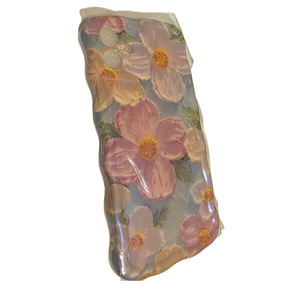 Bloomy Cases iPhone 12 Floral Oil Painting Wavy Edge Protective Case Pink Blue